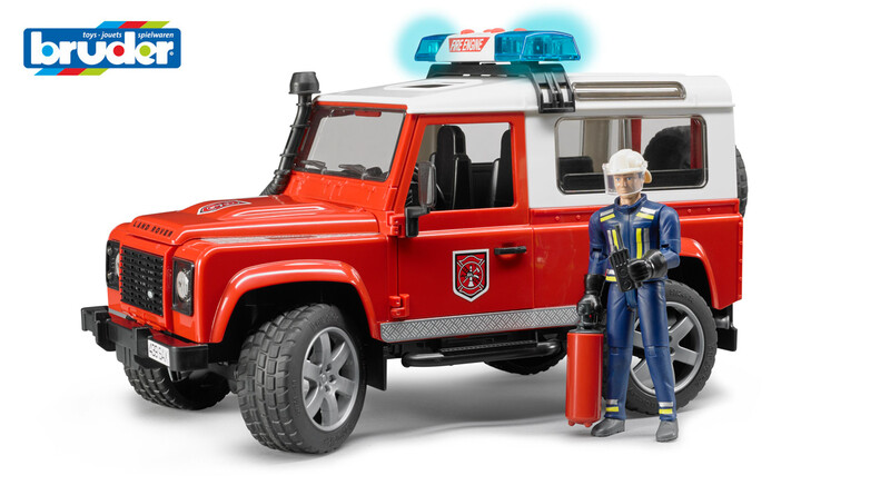 BRUDER - Úžitkové autá - hasičské auto Land Rover s hasičom