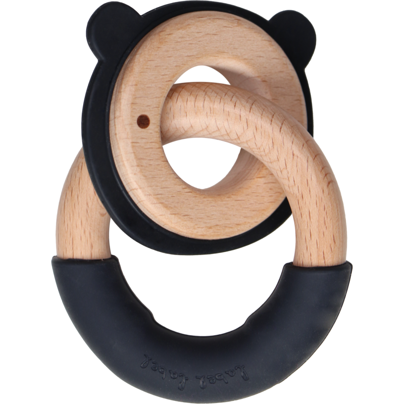 LABEL-LABEL - Hryzačka Medvedík s krúžkom drevo & silikón, čierna