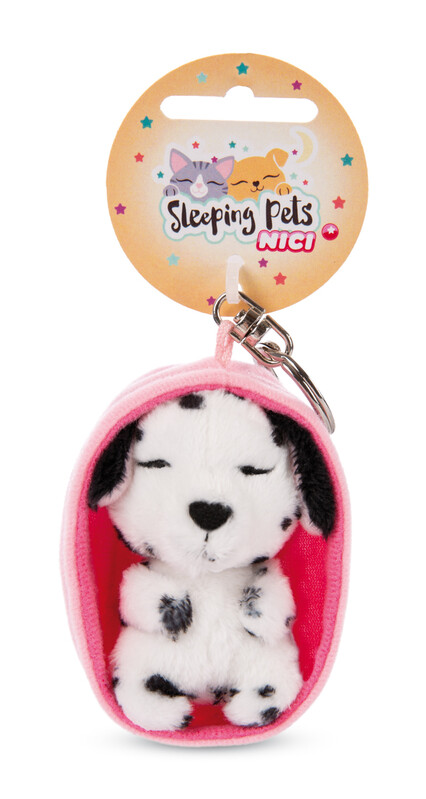 NICI - kľúčenka Spiaci psík 8cm Dalmatín, košík svetlo ružový