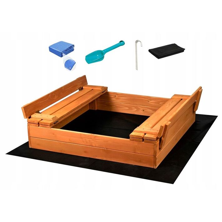 BABY MIX - Detské drevené pieskovisko s poklopom a lavičkami 100x100 cm