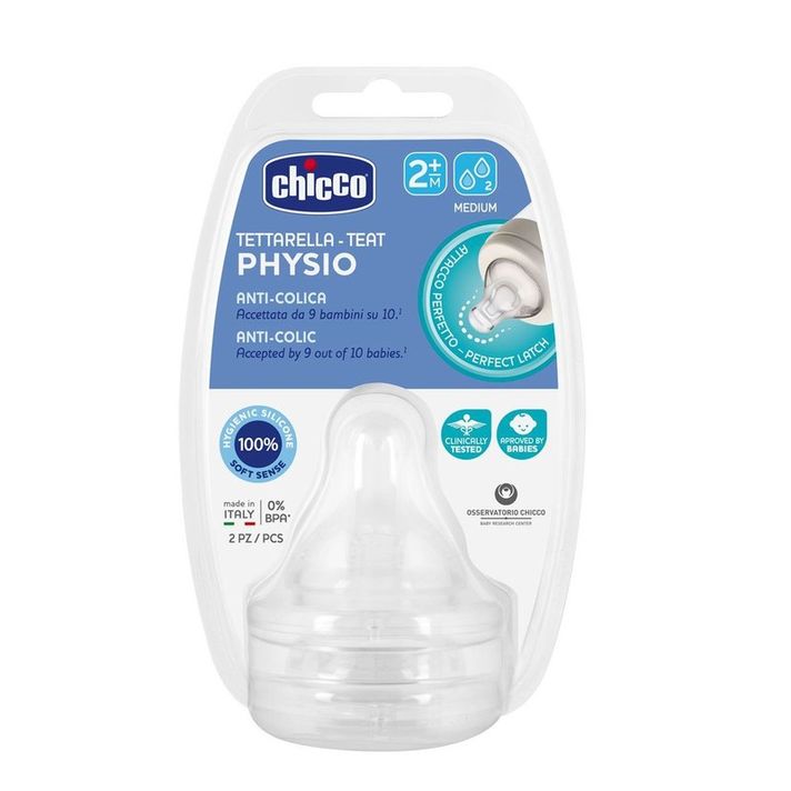 CHICCO - Cumlík na fľašu Perfect 5 fyziologický silikón, stredný prietok 2 m+, 2 ks