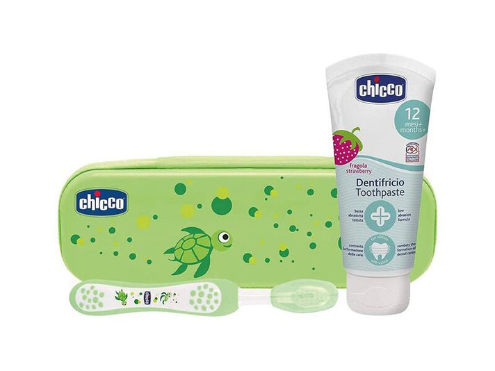 CHICCO - Set zubná kefka a pasta s fluórom v puzdre Always Smiling zelená 12m+