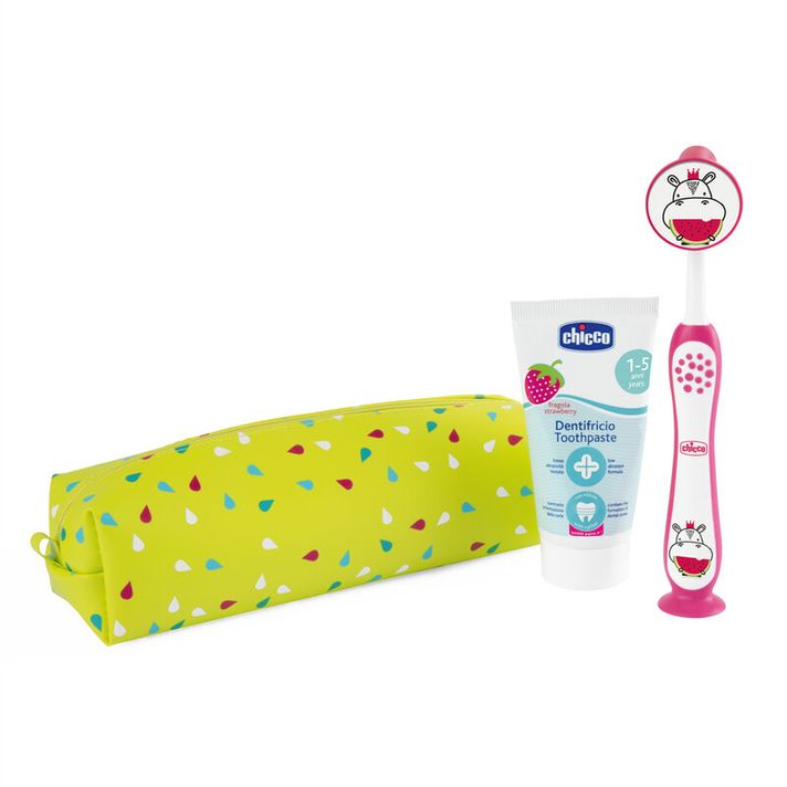 CHICCO - Set zubná kefka a pasta v puzdre - Hippo, 3r+