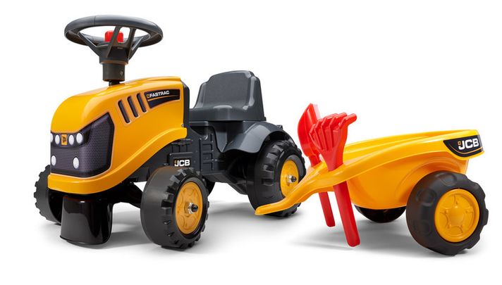 FALK - Odrážadlo 215C Baby JCB žltý s vlečkou a lopatkou s hrabličkami