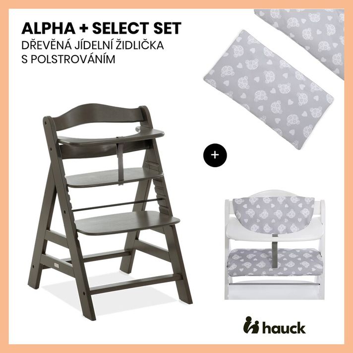HAUCK - Alpha+ Select set 2v1 drevená stolička, charcoal + poťah Teddy grey