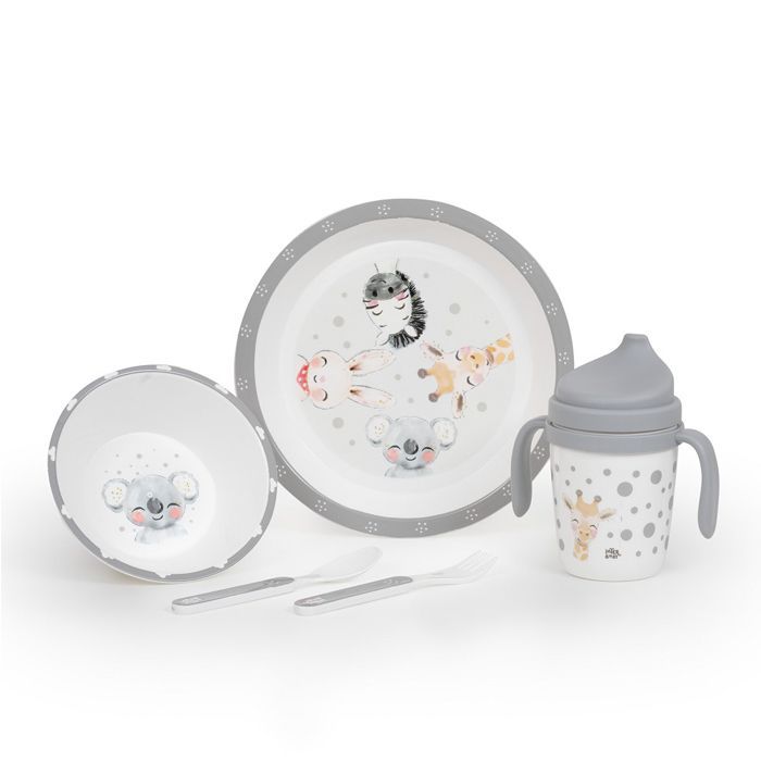 INTERBABY - Jedálenský set ZVIERATKÁ +6M - sivý