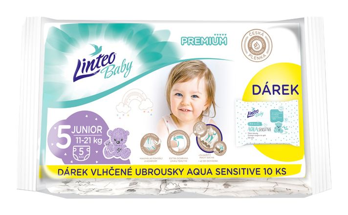 LINTEO - Baby premium Junior jednorázové plienky (11-21kg) 5ks + darček vlhčené utierky AQUA SENSITIVE 10ks