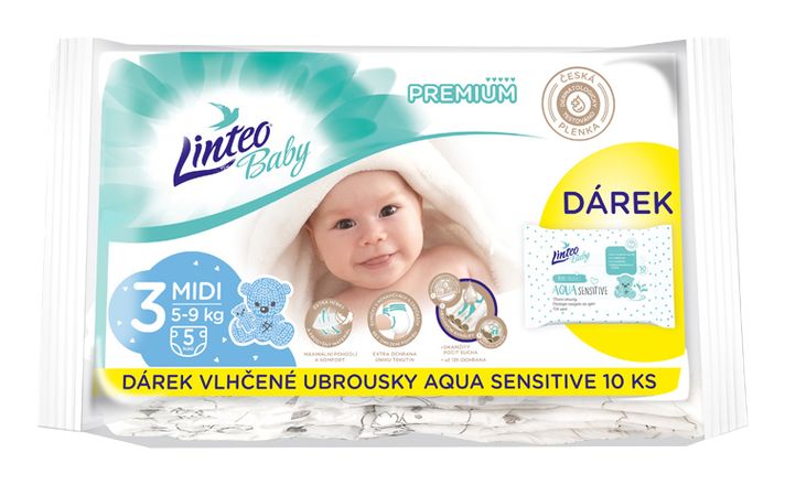 LINTEO - Baby premium Midi jednorázové plienky (5-9kg) 5ks + darček vlhčené utierky AQUA SENSITIVE 10ks