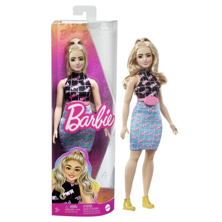 MATTEL - Barbie modelka - čierno-modré šaty s ľadvinkou