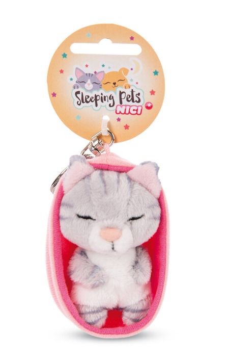 NICI - kľúčenka Spiaca mačička 8cm šedá pruhovaná, košík svetlo ružový
