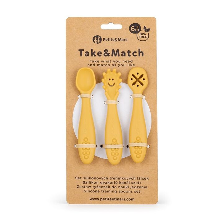 PETITE&MARS - Set 3 ks silikónových tréningových lyžičiek Take&Match Intense Ochre 6m+