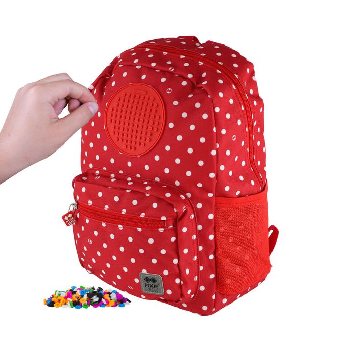 PIXIE CREW - detský batôžtek, červená látka s bielymi bodkami, malý panel