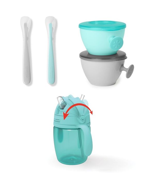 SKIP HOP - Set jedálenský s hrnčekom 5 ks Easy-Feed Mealtime Set Teal/Grey 6m+