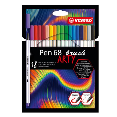 STABILO - Fixy so štetcovým hrotom pre rôzne šírky čiar PEN 68 brush - ARTY, sada 18 ks