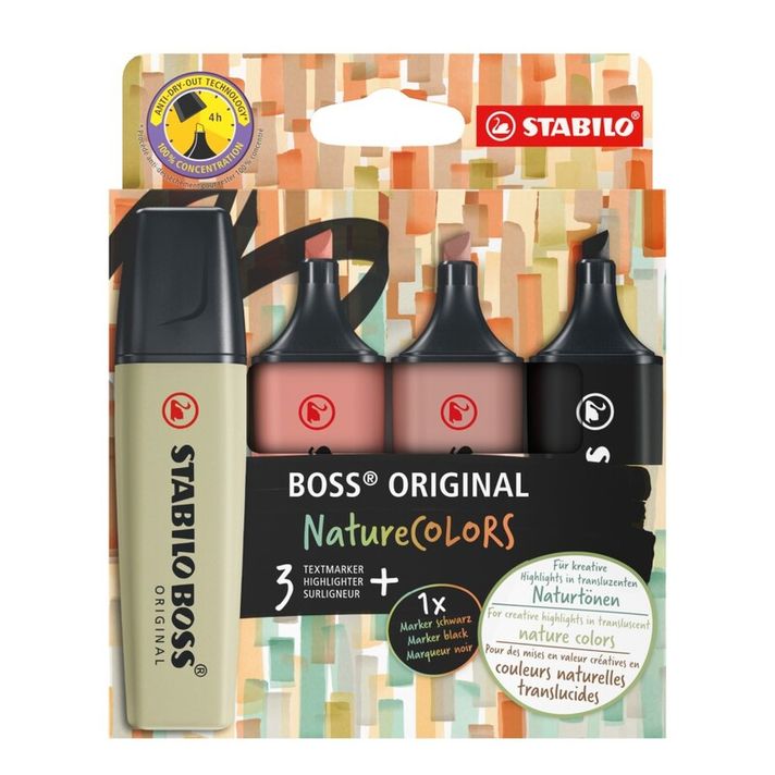 STABILO - Zvýrazňovač BOSS ORIGINAL NatureCOLORS (bahenná zelená, siena, umbra, čierna) sada