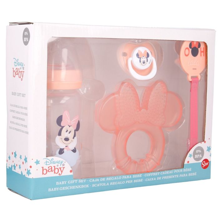 STOR - DISNEY BABY 4 dielny darčekový set  MINNIE MOUSE (fľaša, hryzátko, cumlík a držiak), 13108