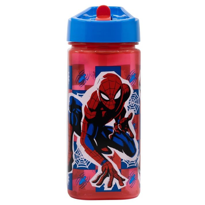 STOR - Plastová hranatá fľaša s výsuvnou slamkou SPIDERMAN, Tritan 530ml, 74714