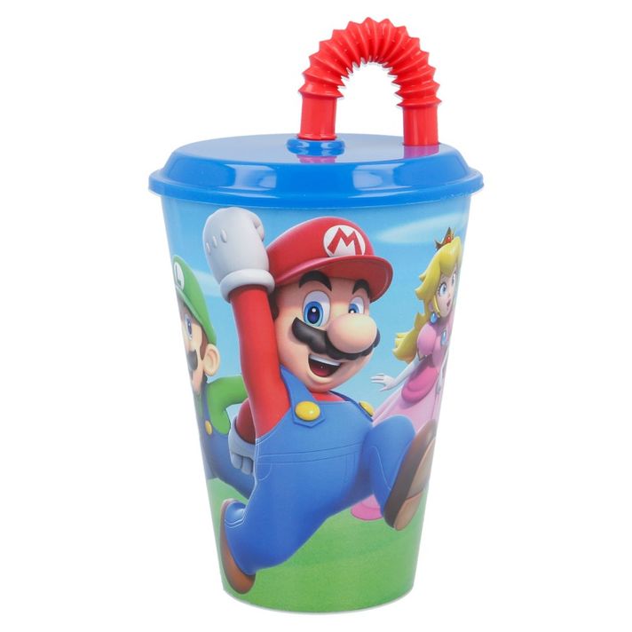 STOR - Plastový pohár s vrchnákom a slamkou SUPER MARIO 430ml, 21430