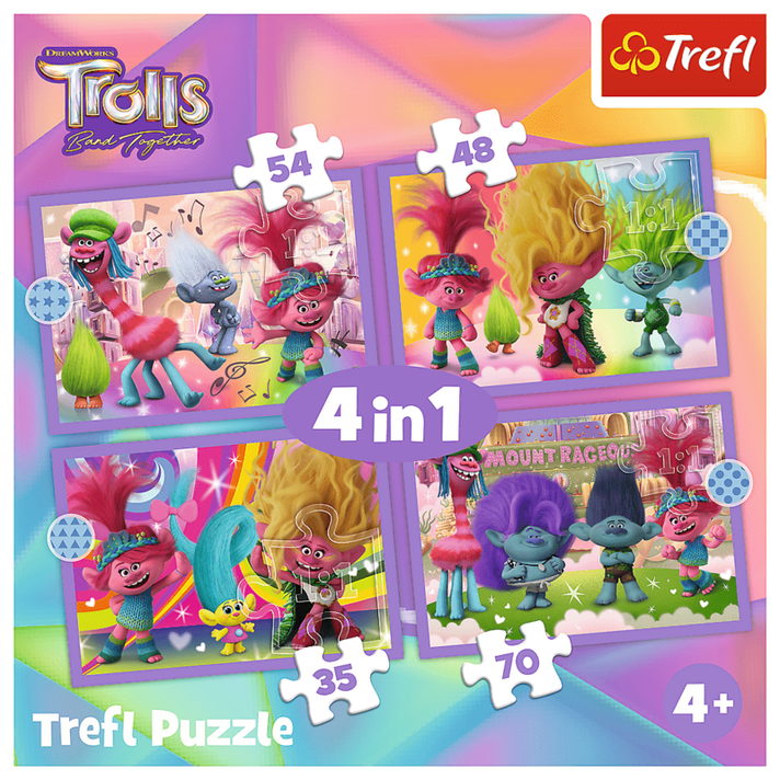 TREFL -  Puzzle 4v1 - Dobrodružstvá farebných Trollov / Universal Trolls 3 (2023)