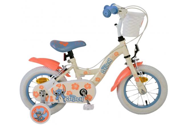 VOLARE - Disney Stitch detský bicykel pre dievčatá - 12 palcov - Dve ručné brzdy - Krémová Korálová Modrá