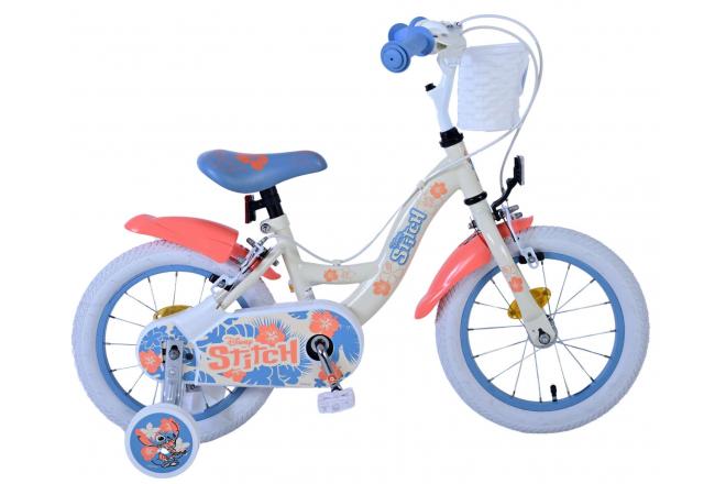 VOLARE - Disney Stitch detský bicykel pre dievčatá - 14 palcov - Krémová/Korálová/Modrá - Dve ručné brzdy